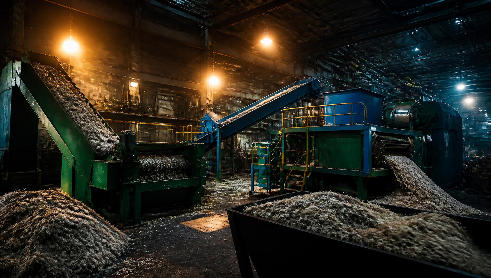 Fibre extraction and shredding machinery running on the Ramesh Industrials workshop floor